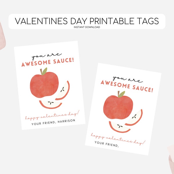 Apple Sauce Valentines Day Cards, Printable Applesauce Pouch Valentine Tags, Apple Valentine Tag, Awesome Sauce, Editable Instant Download