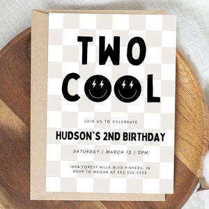 Two Cool Birthday Invitation, Boy Second Birthday Party Invite, Modern Two Cool Smiley Face Invitation, Editable Template, Instant Download