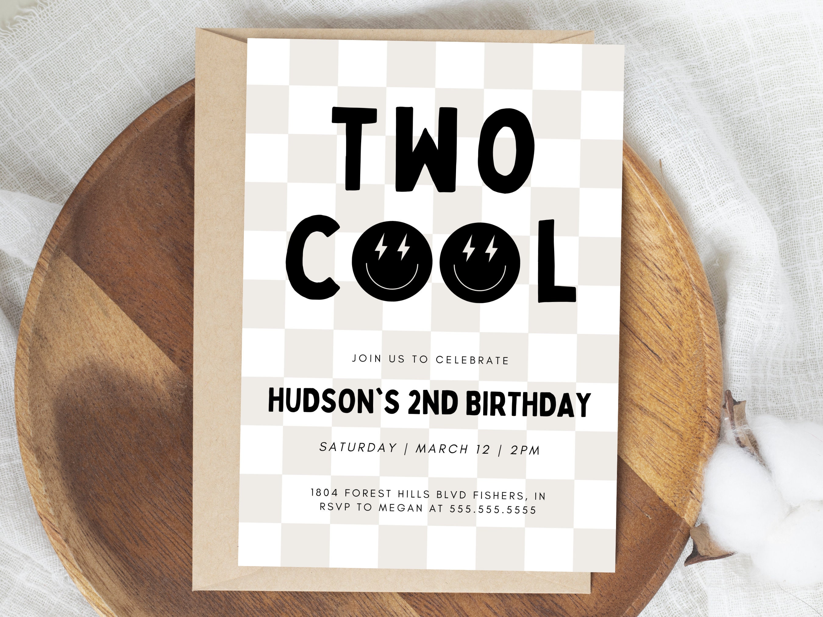 Two Cool Birthday Invitation Boy Second Birthday Party Invite Modern Two Cool Smiley Face Invitation Editable Template