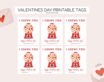 Printable Valentine's Day Gumball Card, Valentines Day I Chews You Tag, Valentine Gum Card, Gumball Machine Card, Editable Instant Download