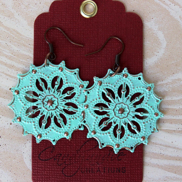 Handpainted Mint Star Filigree Earrings - Boho Jewelry - Round Earrings - Big Earrings