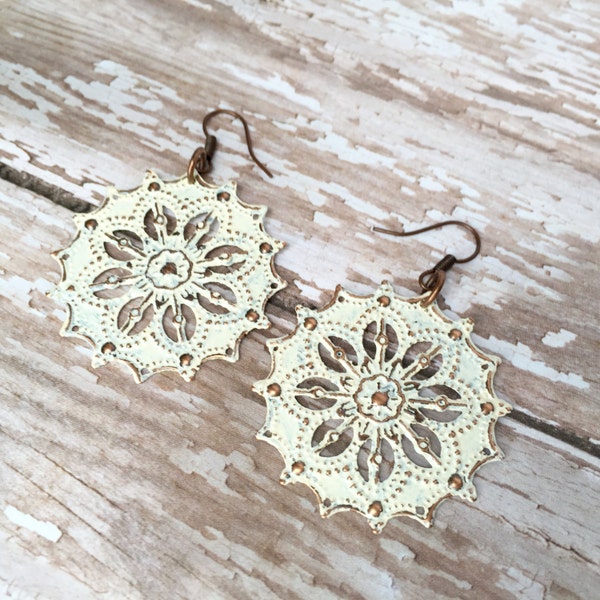 Handpainted White Star Filigree Earrings - Boho Jewelry - Round Earrings - Big Earrings