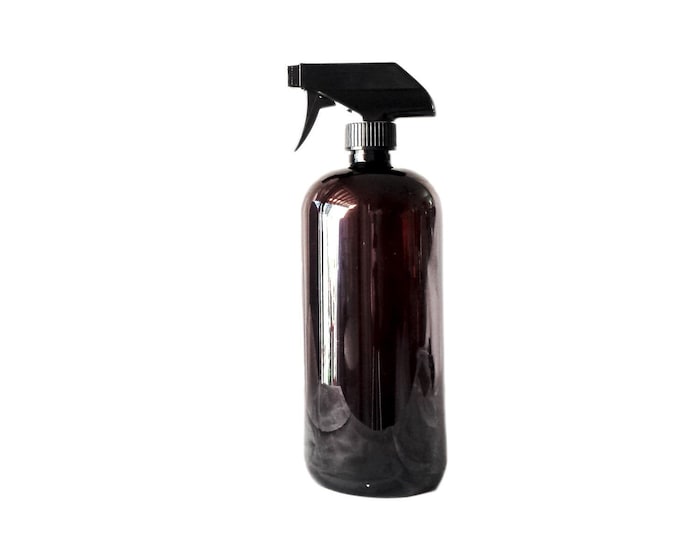 32oz Plastic Bottles Amber PET Round Bottles w/ Black Trigger Spray 1/pk + Kraft Labels