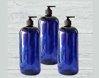 32oz Cobalt Blue Plastic Bottles with Black Lotion Pump (3 Pack)