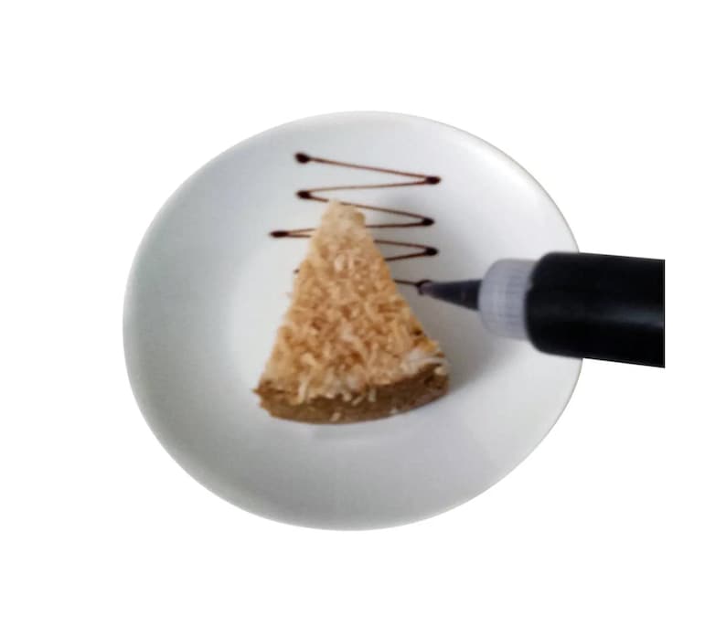 May include: A white plate with a slice of coconut cake and a black squeeze bottle with chocolate icing. The icing is being squeezed onto the plate to create a design.