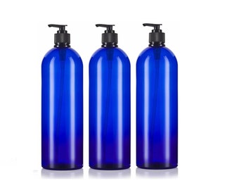 32oz Blue Plastic Tall Bottles with Black Lotion Pumps, Refillable Soap Dispenser (3 Pack)