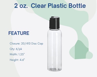 2oz Clear Plastic Empty Bottles w/ Disc Cap Refillable TSA Travel Approved Containers Shampoo Lotions Liquid Soap Bulk Qty 6/pk