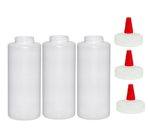 12oz Plastic Squeeze Squirt Condiment Bottles 3/pk Red Tip Caps