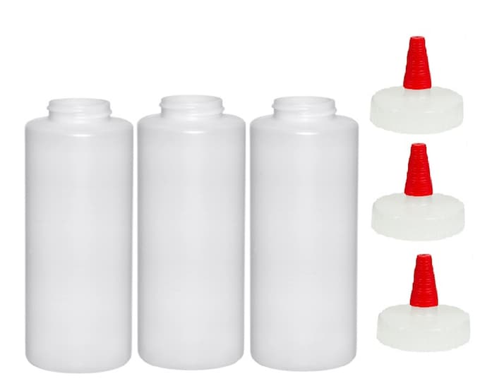 12oz Plastic Squeeze Squirt Condiment Bottles 3/pk Red Tip Caps - Good for Condiments Oil Icing Crafts Art Glue Multi Purpose