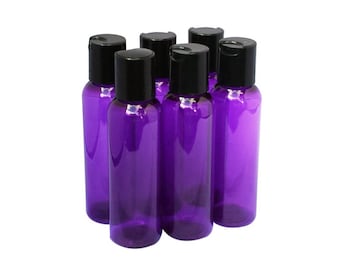 2oz Purple Plastic Bottles PET Cosmo Round 60ml Empty Refillable TSA Travel Approved Container Black Press Down Disc Caps Qty 6, 8 or 12