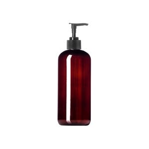 May include: A brown glass bottle with a black pump dispenser. The bottle is empty and ready to be filled with liquid.