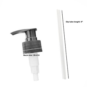 May include: Black pump bottle top with a white dip tube. The bottle top has a neck size of 28-410. The dip tube is 9 inches long.