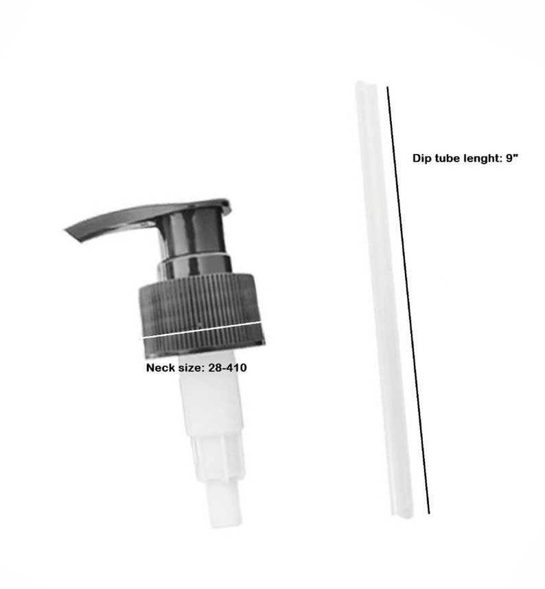 May include: Black pump bottle top with a white dip tube. The bottle top has a neck size of 28-410. The dip tube is 9 inches long.