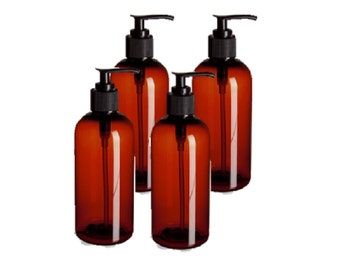 12oz Amber PET Plastic Pump Bottles, Refillable Lotion Dispensers, BPA Free (4 Pack)