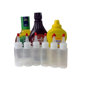 May include: Five clear plastic squeeze bottles with red caps and a yellow bottle with a black cap and the text "100% Natural Yellow Mustard" on the label.