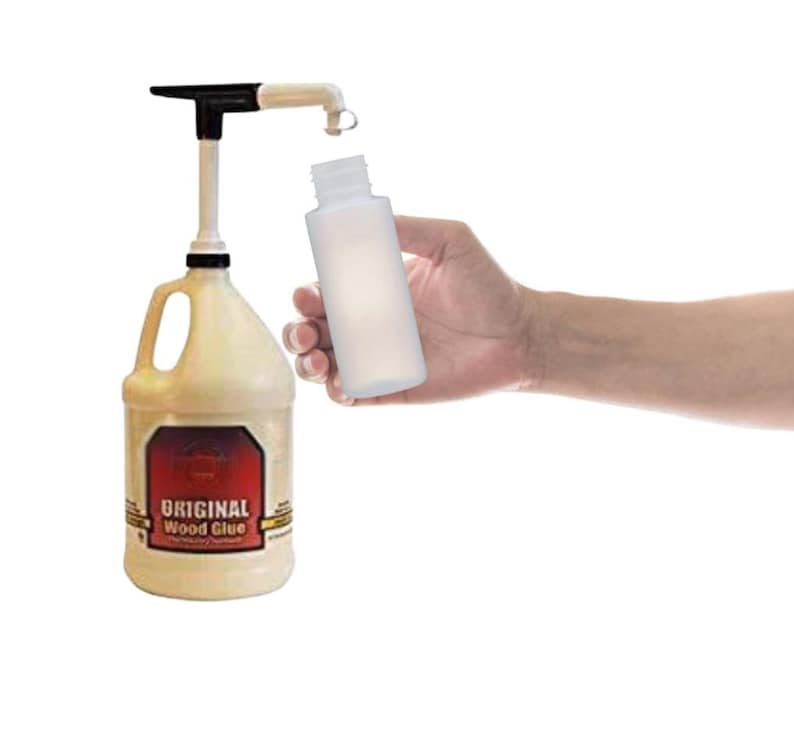 May include: A clear plastic bottle being filled with wood glue from a gallon jug with a pump dispenser. The jug is labelled "Original Wood Glue".