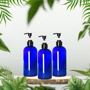 16oz Blue Plastic Bottles 3-Pack with Black Pump Dispenser – Refillable PET for Shampoo, Hand Soap, Body Wash & Hand Cream – Eco-Friendly