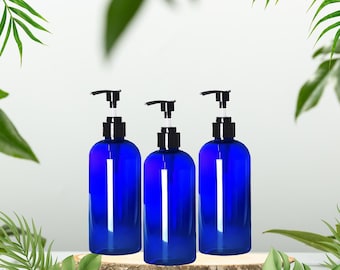 16oz Blue Plastic PET Pump Bottles, Refillable Shampoo Soap Dispenser Set (3 Pack)