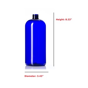May include: A blue plastic bottle with a screw top lid. The bottle is 8.23 inches tall and 3.43 inches in diameter.