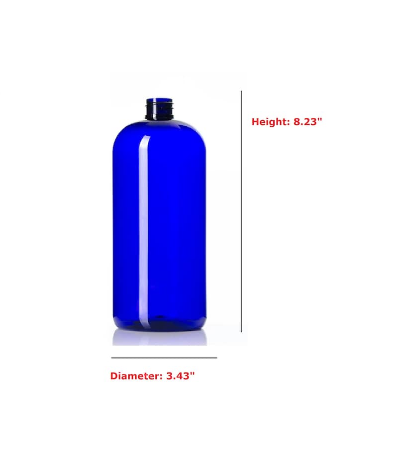 May include: A blue plastic bottle with a screw top lid. The bottle is 8.23 inches tall and 3.43 inches in diameter.