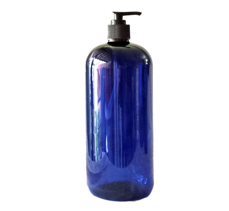 May include: A large, blue plastic bottle with a black pump dispenser. The bottle is empty and ready to be filled with liquid soap, lotion, or other products.