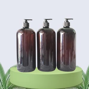 32oz Refillable Round Amber Plastic PET Bottles Shatter Proof w/ Black Lotion Pumps 3/PK