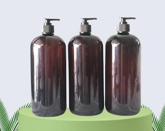 32oz Refillable Round Amber Plastic PET Bottles Shatter Proof w/ Black Lotion Pumps 3/PK