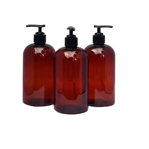 16oz Plastic Bottles Amber PET Squat or Tall Round Bottles w/ Black Lotion Pumps 3/pk Refillable Containers for Shampoo Lotions Made in USA