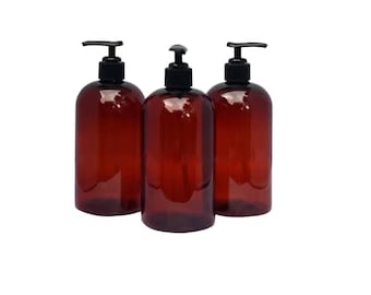 Amber PET Refillable Bottles with Black Lotion Pumps - 16oz 3-Pack