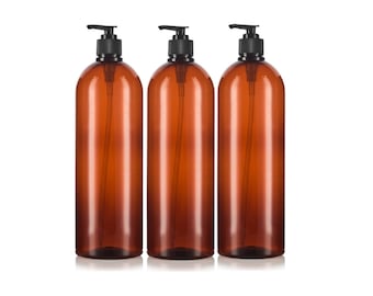 32 oz Amber Tall PET Cosmo Round Plastic Bottles w/ Black Lotion Pumps Qty 3/pk + Kraft Labels 32oz