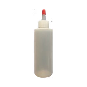 May include: A clear plastic bottle with a red cap and a narrow spout. The bottle is empty and ready to be filled.