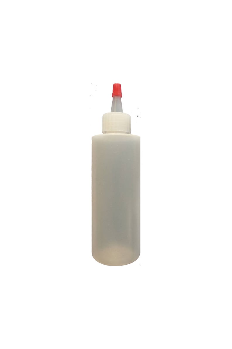 May include: A clear plastic bottle with a red cap and a narrow spout. The bottle is empty and ready to be filled.
