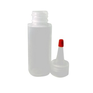 May include: A clear plastic bottle with a red cap and a separate squeeze bottle top. The bottle is empty and ready to be filled.