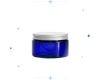 Blue 8oz PET Plastic Jars: Airtight Aluminum Lids & Spatula