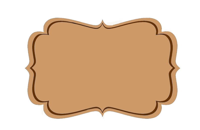 May include: A brown label with a decorative border. The label is blank and ready to be filled with text.