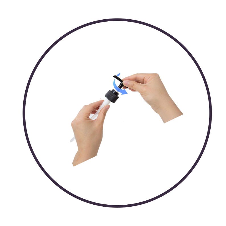 May include: A white pump bottle with a black pump top. The pump top has a black lever that can be turned to lock or unlock the pump.
