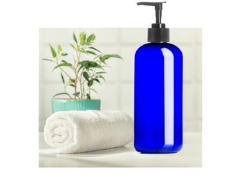 Refillable Blue PET Bottle with Black Pump: 16oz Lotion Dispenser