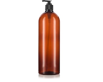 32 oz Plastic Bottle AMBER Tall PET Round Bottles w/ Black Lotion Pumps Qty 1 per Pk 32oz