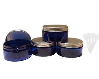 8oz Blue Plastic Jars PET Heavy Wall Low Profile Wide Mouth Jars w/ Air Tight Leak Proof Lined Aluminum Lined Lids & Spatulas 4/pk