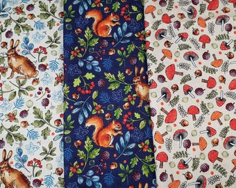 Nature Trail Autumn  Fabric 100% Cotton Toadstools  Hares  Squirrels Quilting - Sewing - Patchwork - English Paper Piecing - Slow Stitching