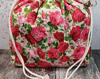 Pink Roses Drawstring Project Bag Knitting - Crochet - Travel - Craft - Gift