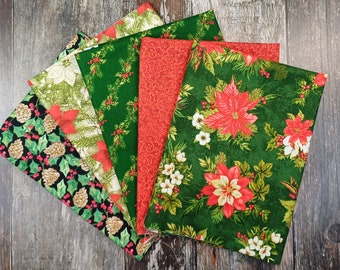 Home For Christmas Fabric Fat Quarter Bundle  Poinsettias - Holly - Scrolls - Pine Cones