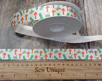 Autumn Toadstool Ribbon White Background 25mm Wide Sold By The Meter