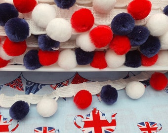 Red White and Blue  Pom Pom Trim - Pompom Size 29mm - Trim - Sold By The Meter - Platinum Jubilee