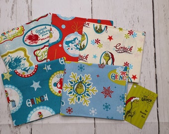 The Grinch Christmas 5 Piece FQ Bundle - Sewing - English Paper Piecing - Patchwork - Quilting - Slow Stitching - Dr.Seuss