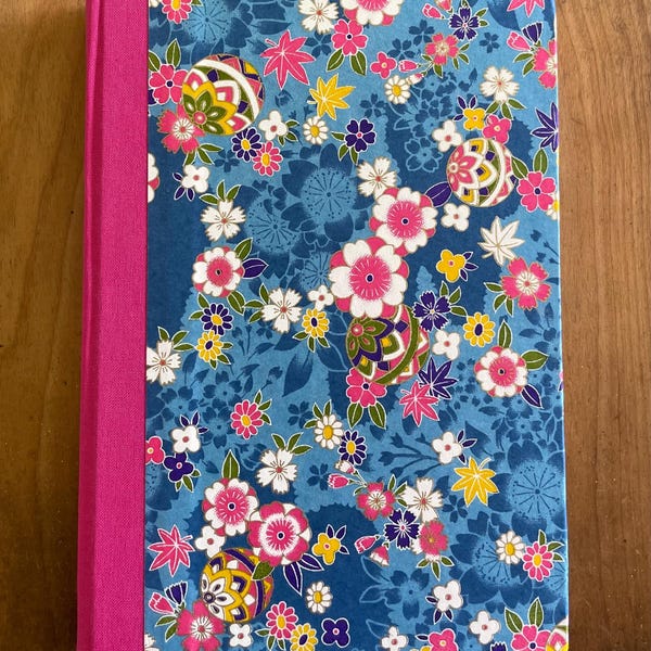Lined Journal - Chiyogami, Bright pink flowers on a blue background - 192 pages - (6” x 8.5”)