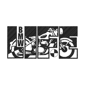 May include: Black and white graphic design of a motorcycle with the word "BMW" in bold letters.