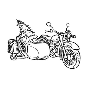 May include: A black and white line drawing of a motorcycle with a sidecar. A Christmas tree is in the sidecar.