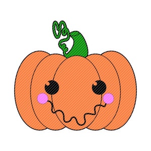 Puede incluir: Una calabaza de dibujos animados con una cara linda. La calabaza es naranja con un tallo verde y ojos negros. Tiene mejillas rosadas y una boca negra y ondulada.