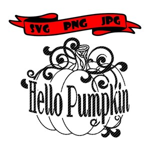 Puede incluir: Diseño gráfico en blanco y negro de una calabaza con el texto "Hello Pumpkin" en su interior. La calabaza está rodeada de remolinos decorativos.